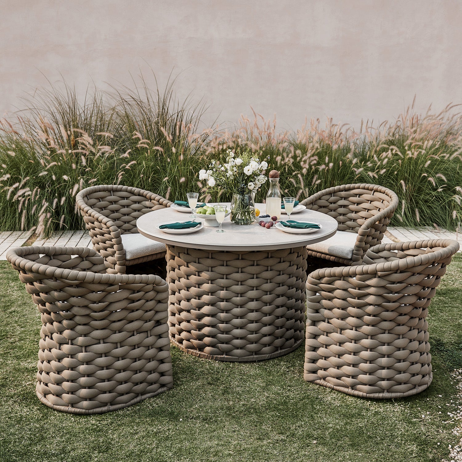 Positano Wide Rope 4-Seater Round Dining Set, Taupe
