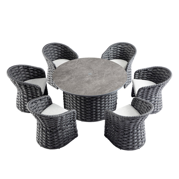 Positano Wide Rope 6 - Seater Round Dining Set, Grey - daals