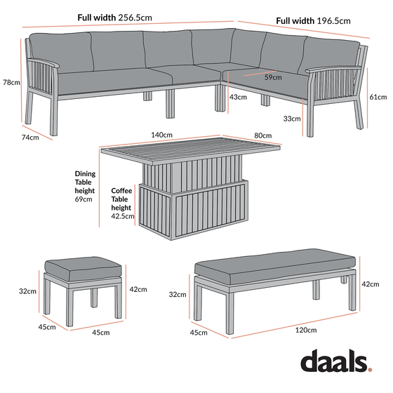 Earlswood Aluminium Washed Wood Effect Large Corner Sofa Set with Rising Table