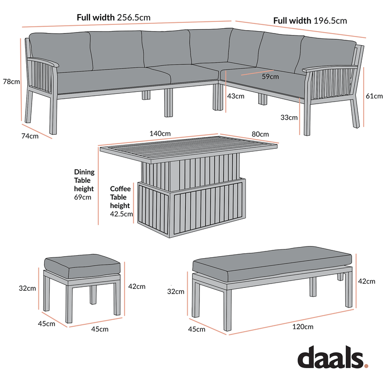 Earlswood Aluminium Washed Wood Effect Large Corner Sofa Set with Rising Table