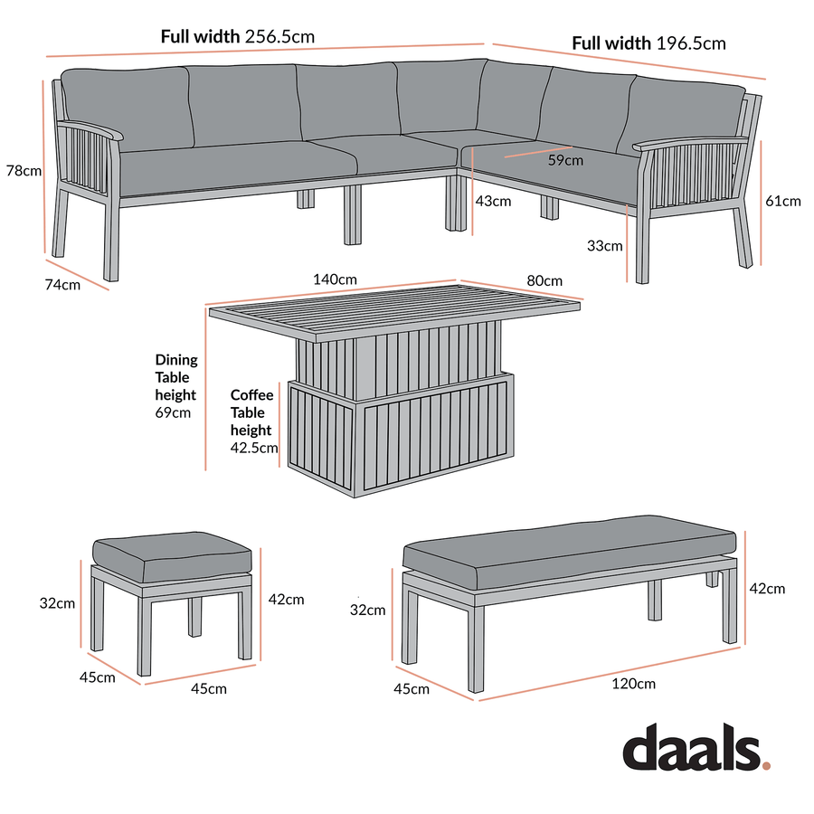 Earlswood Aluminium Washed Wood Effect Large Corner Sofa Set with Rising Table