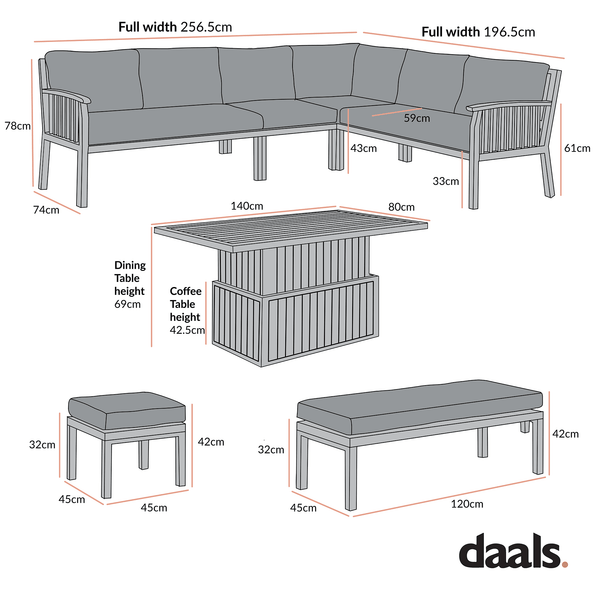 Earlswood Aluminium Washed Wood Effect Large Corner Sofa Set with Rising Table