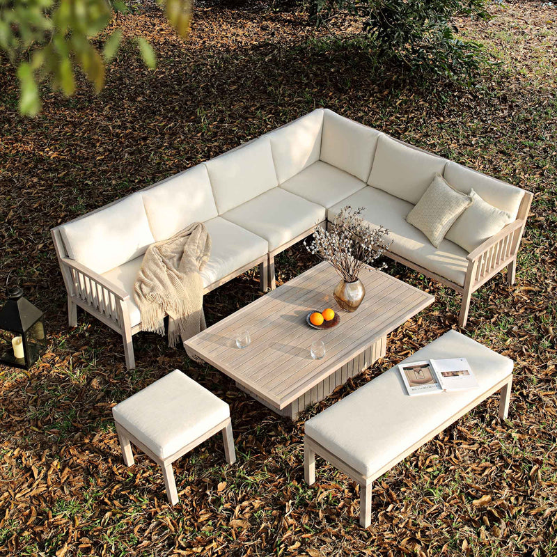 Earlswood Aluminium Washed Wood Effect Large Corner Sofa Set with Rising Table