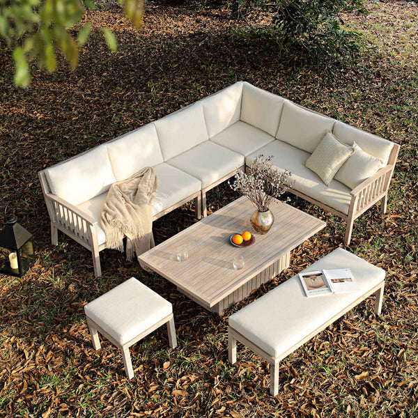 Earlswood Aluminium Washed Wood Effect Large Corner Sofa Set with Rising Table