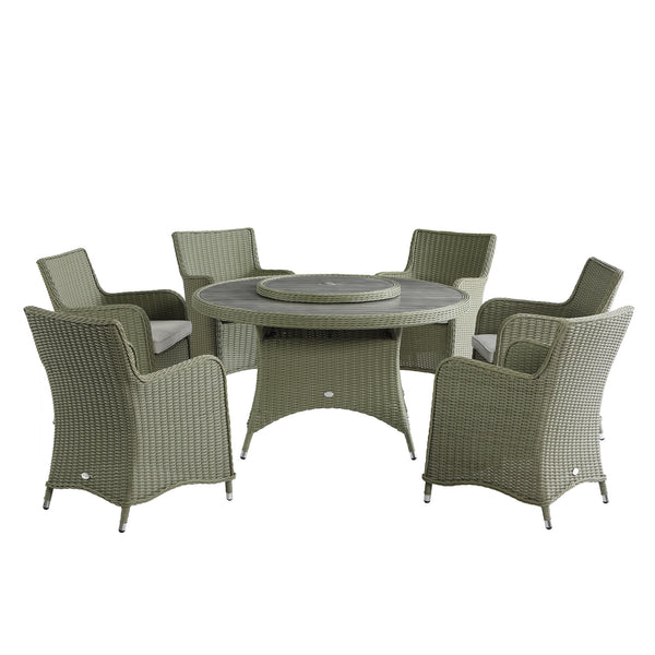 Hampshire 6 - Seater Round Wicker Rattan Dining Set with Lazy Susan & Ice Bucket, Desert Sage - daals