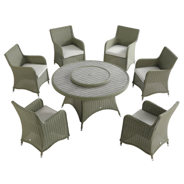 Hampshire 6 - Seater Round Wicker Rattan Dining Set with Lazy Susan & Ice Bucket, Desert Sage - daals