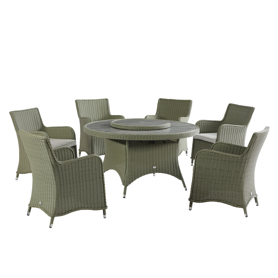 Hampshire 6-Seater Round Wicker Rattan Dining Set with Lazy Susan & Ice Bucket, Desert Sage