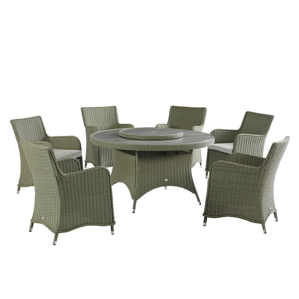 Hampshire 6 - Seater Round Wicker Rattan Dining Set with Lazy Susan & Ice Bucket, Desert Sage - daals