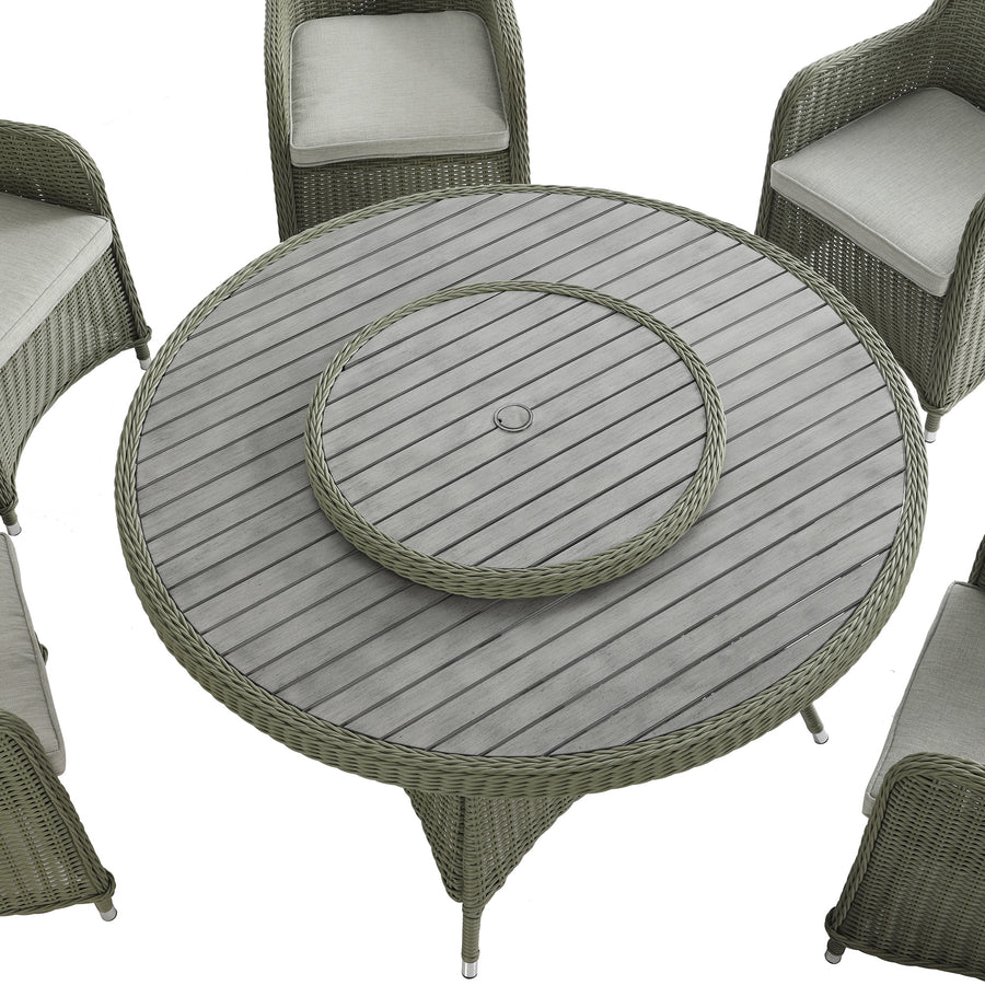 Hampshire 6-Seater Round Wicker Rattan Dining Set with Lazy Susan & Ice Bucket, Desert Sage