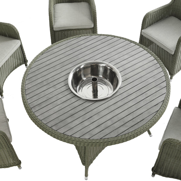 Hampshire 6 - Seater Round Wicker Rattan Dining Set with Lazy Susan & Ice Bucket, Desert Sage - daals