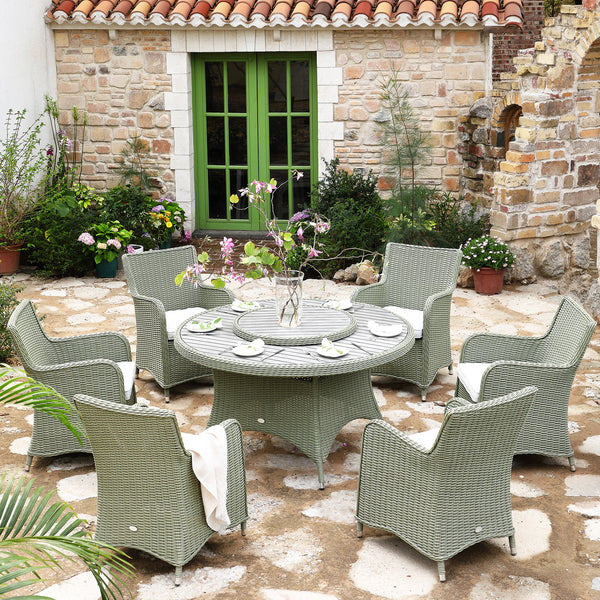 Hampshire 6 - Seater Round Wicker Rattan Dining Set with Lazy Susan & Ice Bucket, Desert Sage - daals