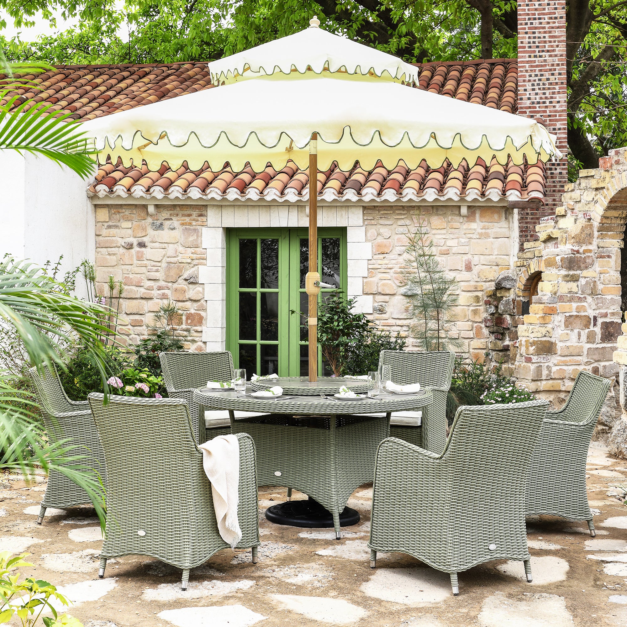 Sage Green Garden Table Chairs With Parasol Hampshire 6-Seater