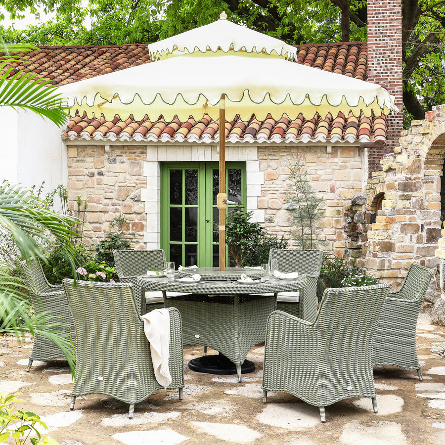 Hampshire 6-Seater Round Wicker Rattan Dining Set with Lazy Susan & Ice Bucket, Desert Sage