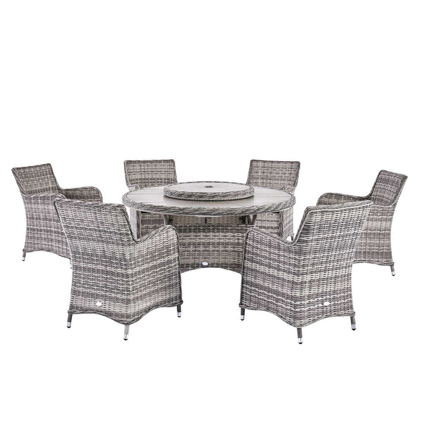 Hampshire 6 - Seater Round Wicker Rattan Dining Set with Lazy Susan & Ice Bucket, Light Grey - daals