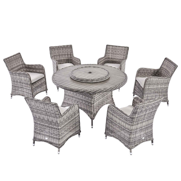Hampshire 6 - Seater Round Wicker Rattan Dining Set with Lazy Susan & Ice Bucket, Light Grey - daals