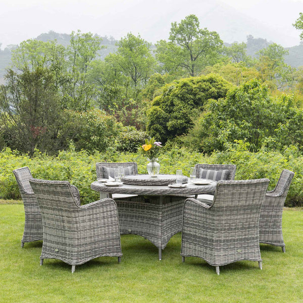 Hampshire 6 - Seater Round Wicker Rattan Dining Set with Lazy Susan & Ice Bucket, Light Grey - daals