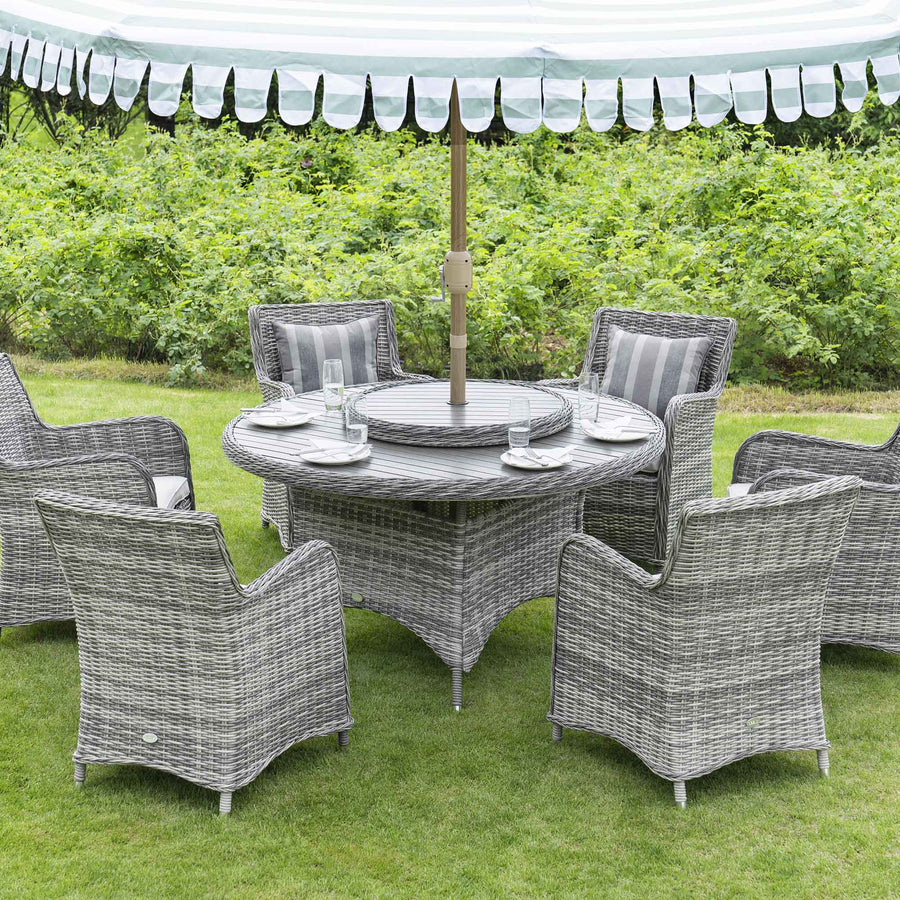 Hampshire 6-Seater Round Wicker Rattan Dining Set with Lazy Susan & Ice Bucket, Light Grey
