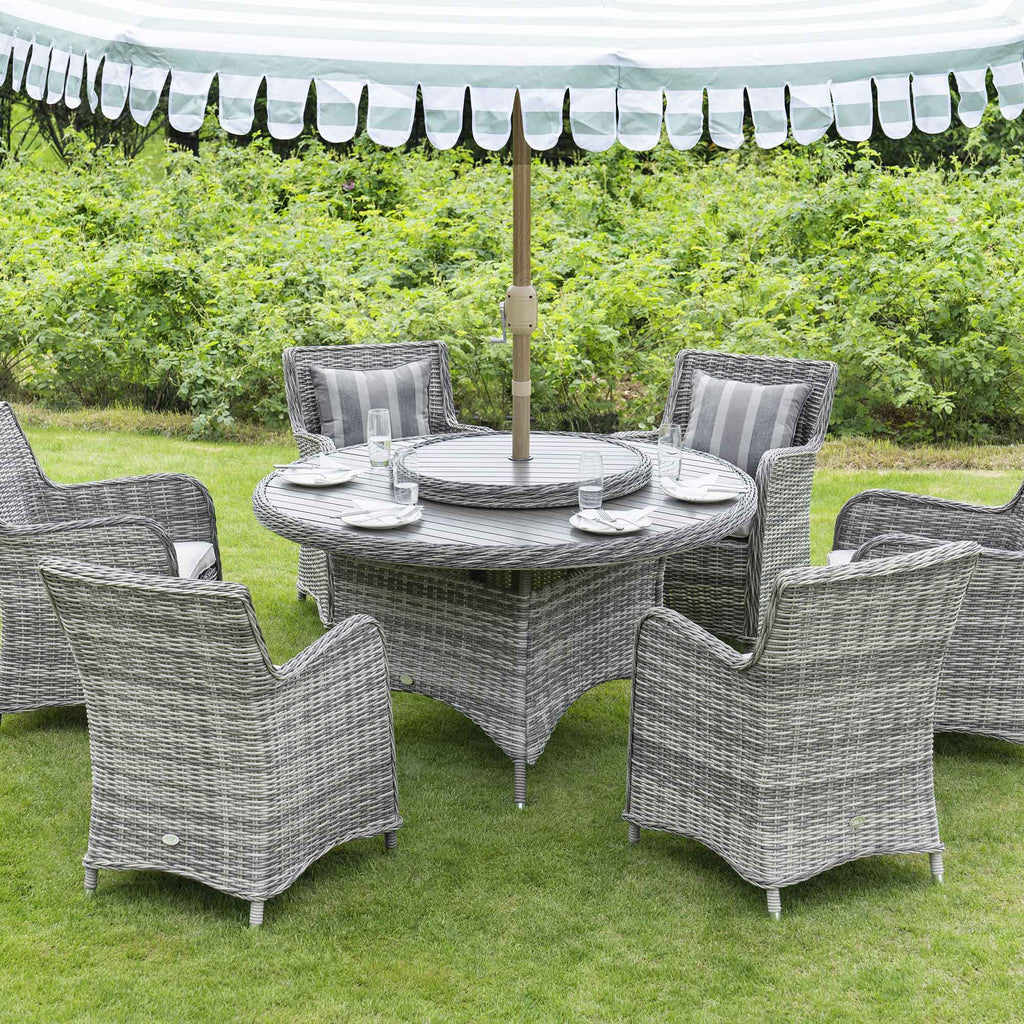 Hampshire 6Seater Round Wicker Rattan Dining Set with Lazy Susan & Ic