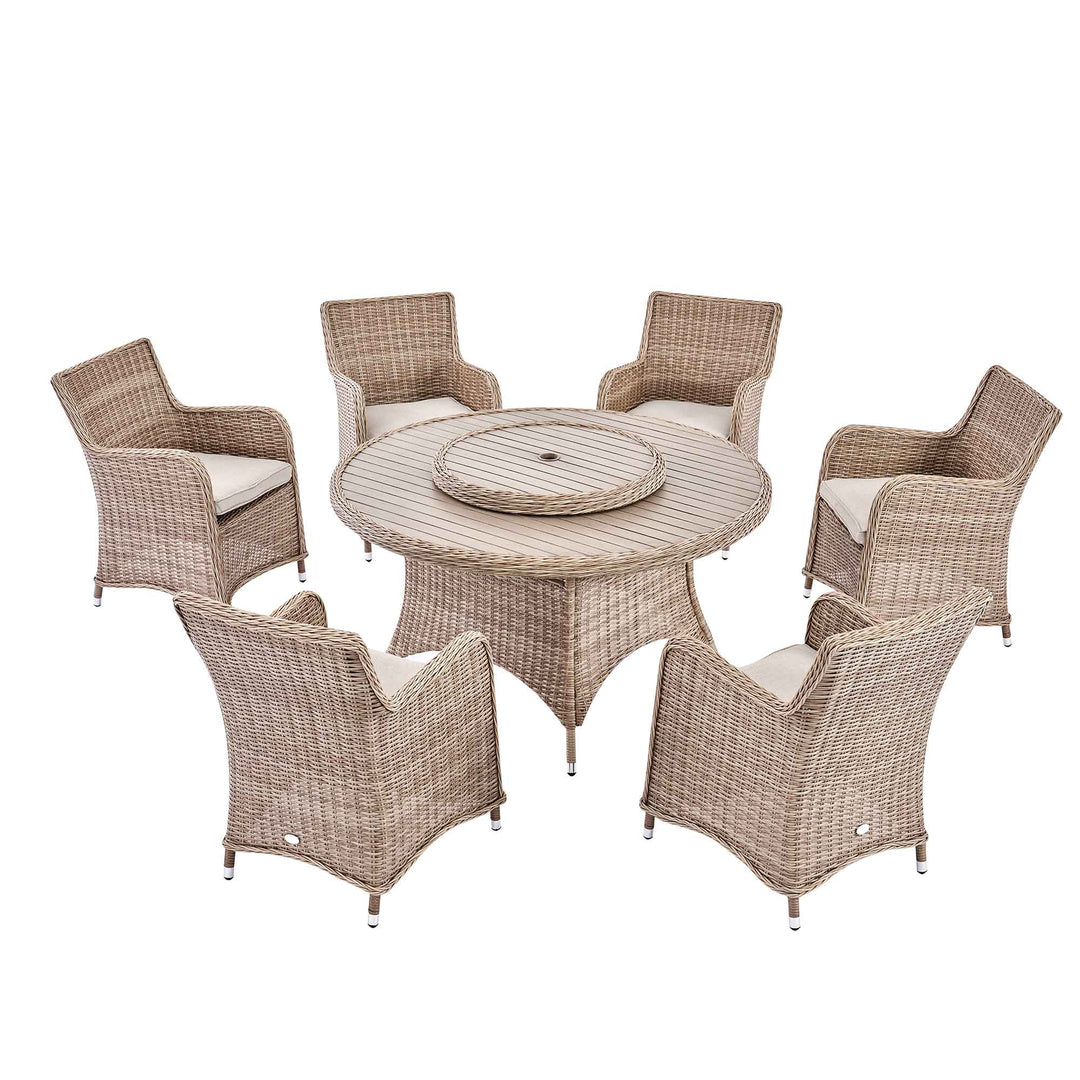 Hampshire 6-Seater Round Rattan Dining Set with Lazy Susan in Natural ...
