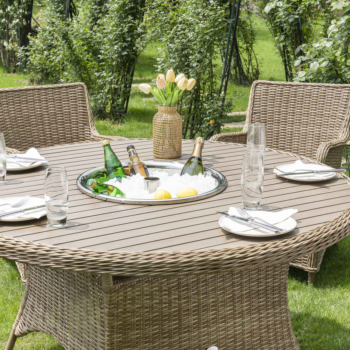 Cream Rattan Dining Set Hampshire 6-Seater Round Wicker Rattan Dining Set with Lazy Susan & Ic ...