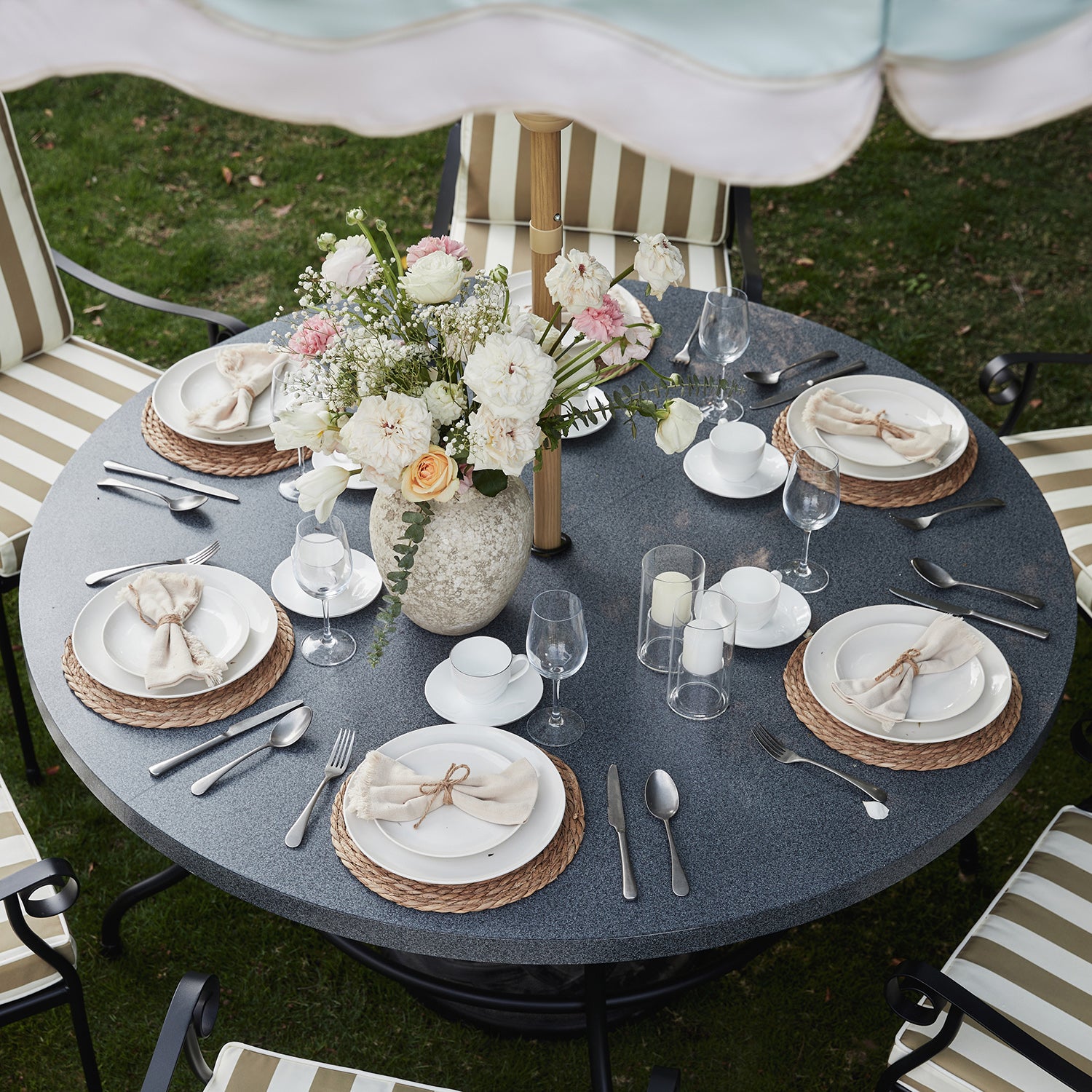 Haymes Indoor and Outdoor Metal 6-Seater Round Dining Set, Khaki Stripe