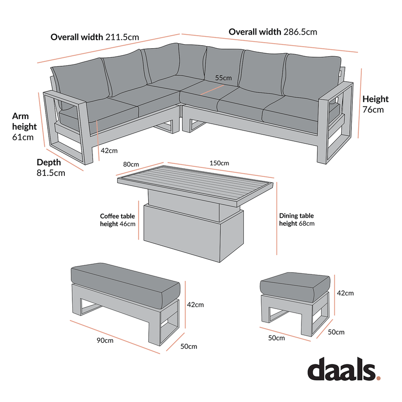 Montrose Aluminium Large Corner Casual Dining Set with Rising Table, Brushed Silver Oak - daals