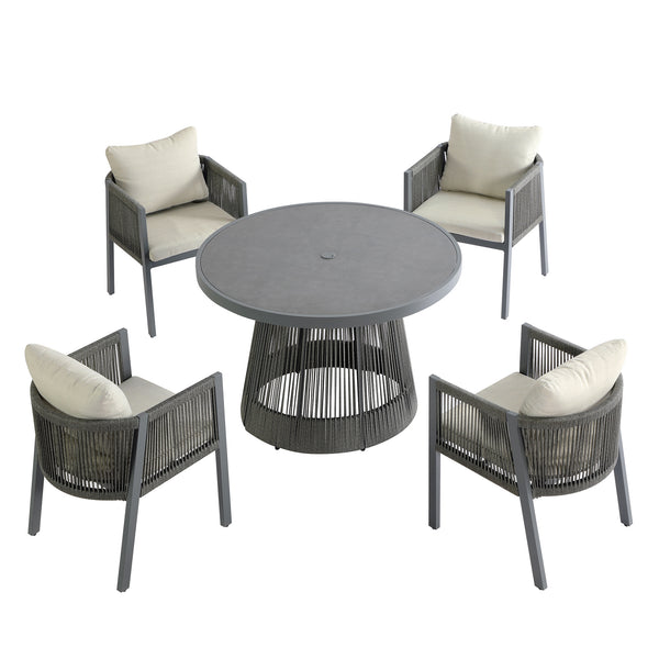Pedra Rope and Aluminium Outdoor 4-Seater Round Dining Set, Grey