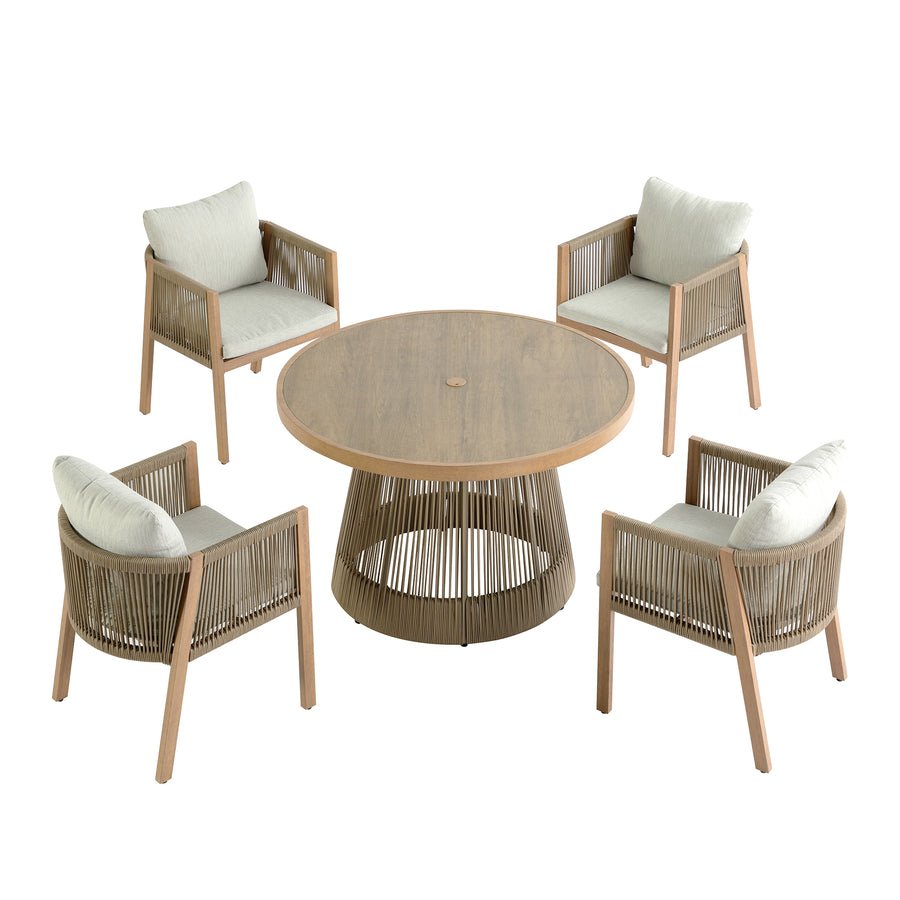 Pedra Rope and Aluminium Outdoor 4-Seater Round Dining Set, Natural
