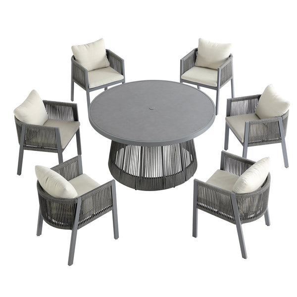 Pedra Rope and Aluminium Outdoor 6 - Seater Round Dining Set, Grey - daals