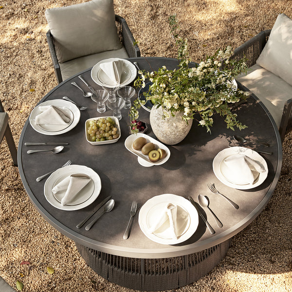 Pedra Rope and Aluminium Outdoor 6 - Seater Round Dining Set, Grey - daals