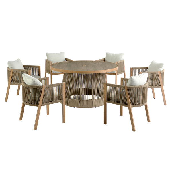 Pedra Rope and Aluminium Outdoor 6-Seater Round Dining Set, Natural