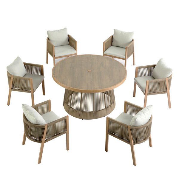 Pedra Rope and Aluminium Outdoor 6-Seater Round Dining Set, Natural