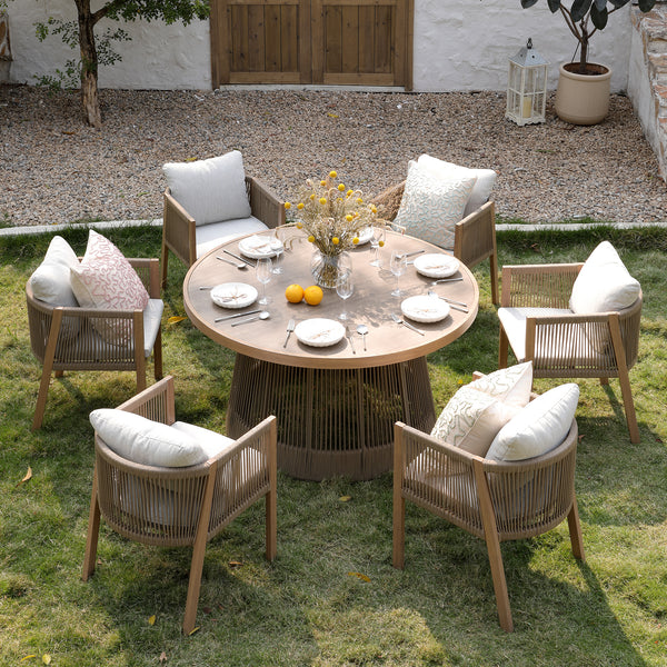 Pedra Rope and Aluminium Outdoor 6-Seater Round Dining Set, Natural