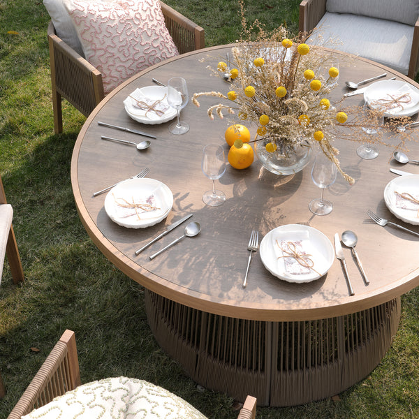 Pedra Rope and Aluminium Outdoor 6-Seater Round Dining Set, Natural