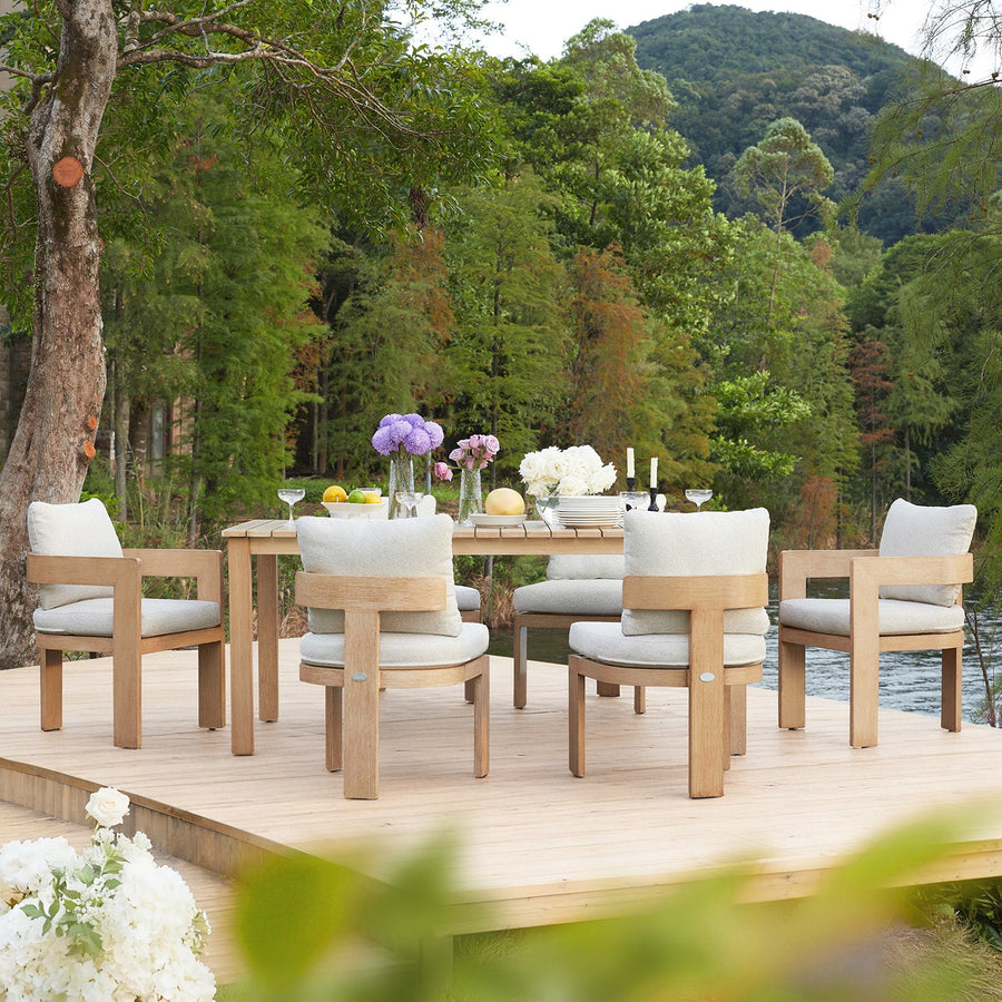 Stanford Outdoor 6-Seater Rectangular Dining Set, Natural with Beige Boucle Fabric