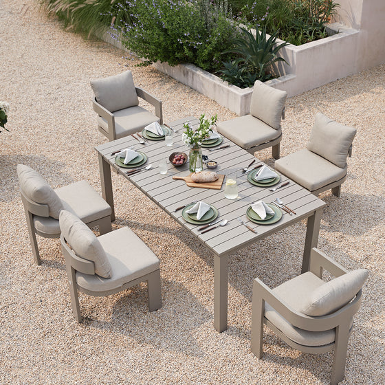 Stanford Outdoor 6-Seater Rectangular Dining Set, Taupe with Light Taupe Fabric