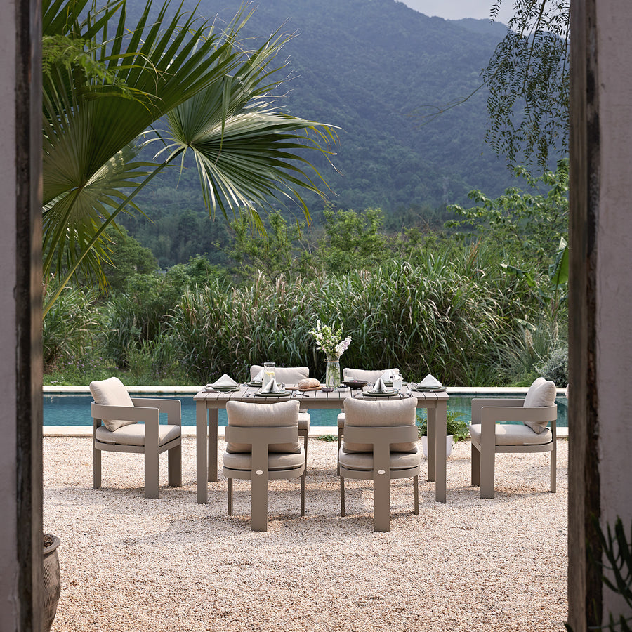 Stanford Outdoor 6-Seater Rectangular Dining Set, Taupe with Light Taupe Fabric