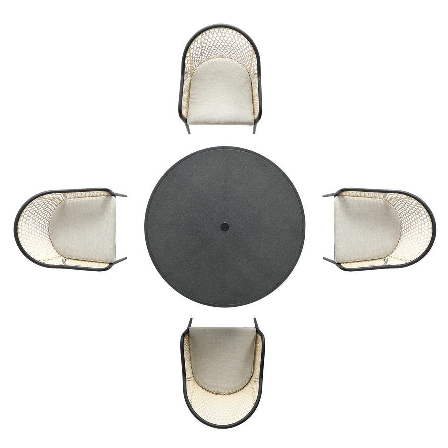 Pienza Outdoor Rattan 4-Seater Round Dining Set, Oatmeal Fabric with Black Frame