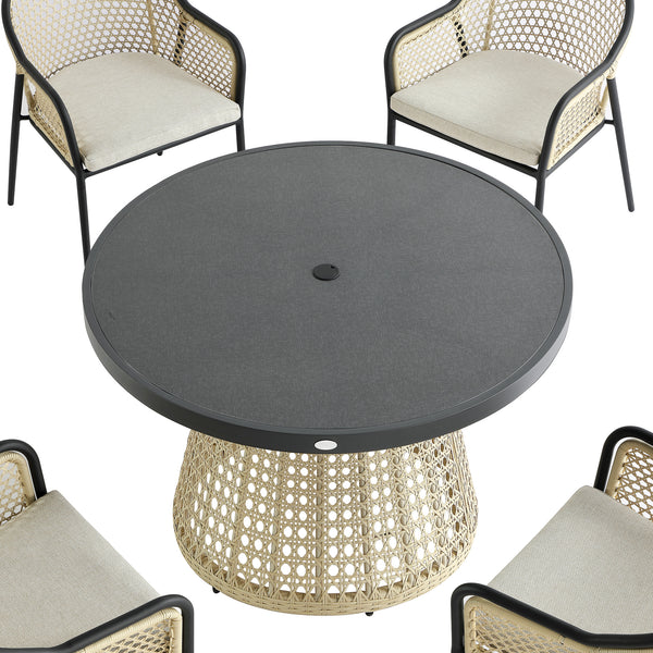 Pienza Outdoor Rattan 4-Seater Round Dining Set, Oatmeal Fabric with Black Frame