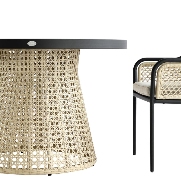 Pienza Outdoor Rattan 4-Seater Round Dining Set, Oatmeal Fabric with Black Frame