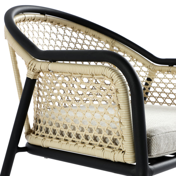 Pienza Outdoor Rattan 4-Seater Round Dining Set, Oatmeal Fabric with Black Frame