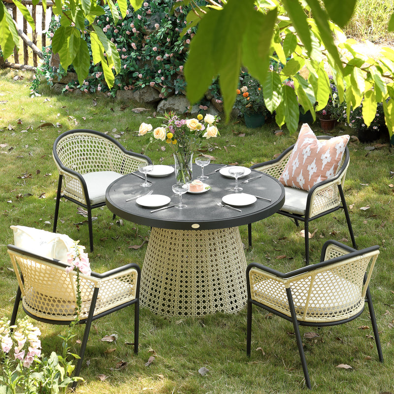 Pienza Outdoor Rattan 4-Seater Round Dining Set, Oatmeal Fabric with Black Frame