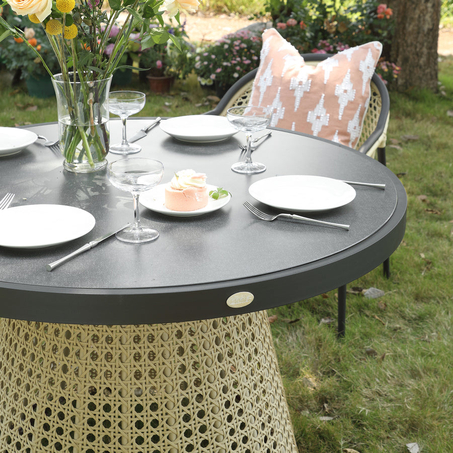 Pienza Outdoor Rattan 4-Seater Round Dining Set, Oatmeal Fabric with Black Frame