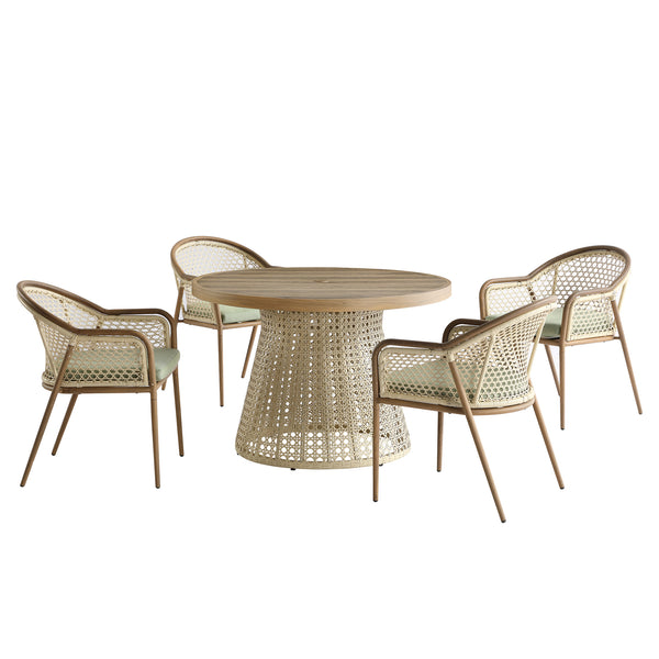 Pienza Outdoor Rattan 4-Seater Round Dining Set, Sage Green Fabric with Light Walnut Frame