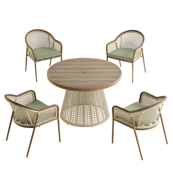 Pienza Outdoor Rattan 4-Seater Round Dining Set, Sage Green Fabric with Light Walnut Frame