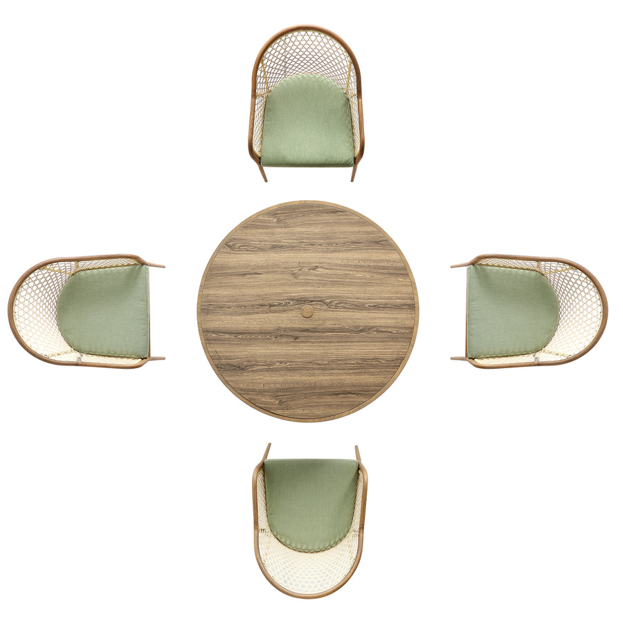 Pienza Outdoor Rattan 4-Seater Round Dining Set, Sage Green Fabric with Light Walnut Frame