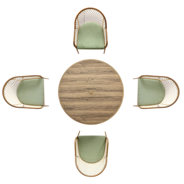 Pienza Outdoor Rattan 4-Seater Round Dining Set, Sage Green Fabric with Light Walnut Frame