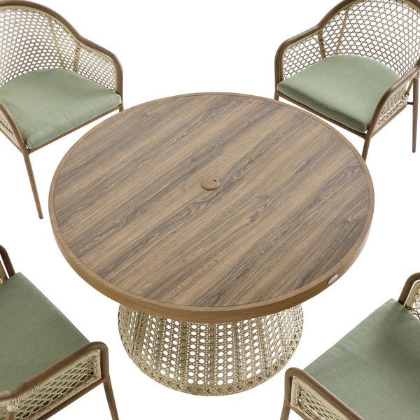 Pienza Outdoor Rattan 4-Seater Round Dining Set, Sage Green Fabric with Light Walnut Frame