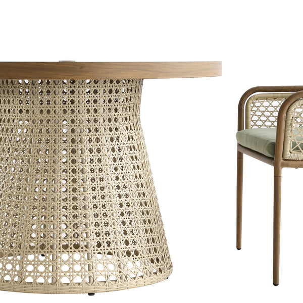 Pienza Outdoor Rattan 4-Seater Round Dining Set, Sage Green Fabric with Light Walnut Frame