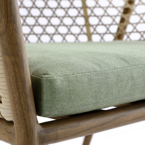 Pienza Outdoor Rattan 4-Seater Round Dining Set, Sage Green Fabric with Light Walnut Frame